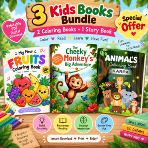 3 Kids Books Bundle | 2 Coloring Books + 1 Story Book | Fruits, Animals & Cheeky Monkey Adventure | Printable PDF Digital Download