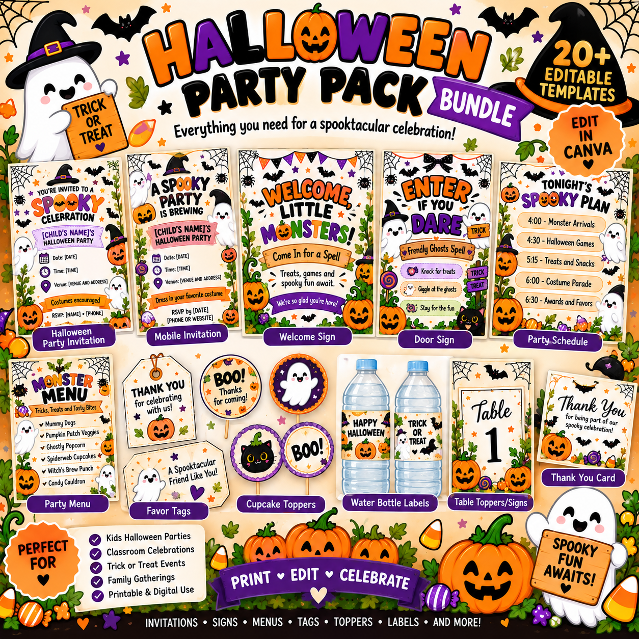 Halloween Party Printable Bundle + 20 Bonus T-Shirt PNG Designs | Editable Canva Templates | Kids Halloween Party Pack | Instant Download - Image 3