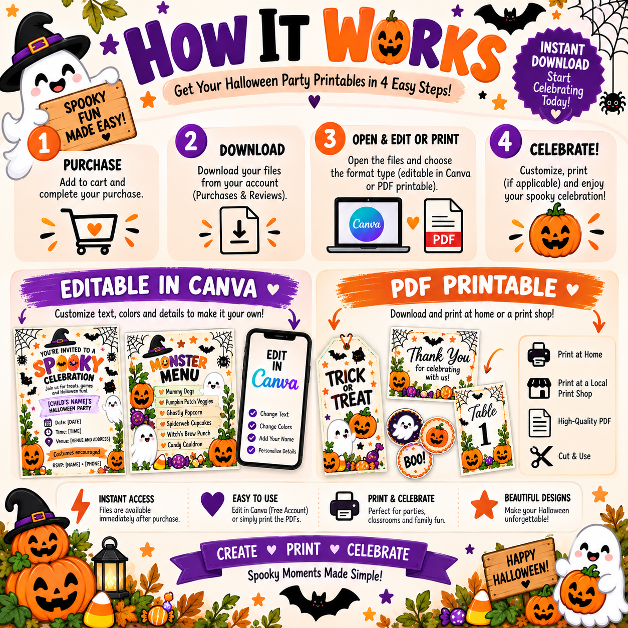 Halloween Party Printable Bundle + 20 Bonus T-Shirt PNG Designs | Editable Canva Templates | Kids Halloween Party Pack | Instant Download - Image 4