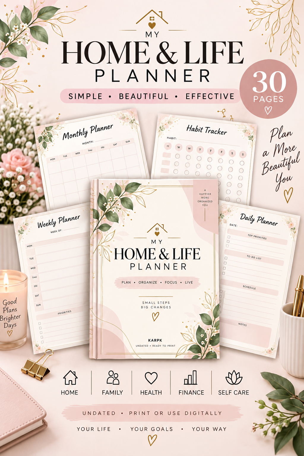 Pink Home & Life Planner Printable | 30 Page Undated Life Planner | Daily Weekly Monthly Planner | Budget, Meal & Habit Tracker PDF - Image 10