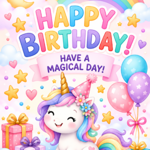 Add a little magic to their special day with this Printable Unicorn Birthday Card. This colorful 5x7 ready-to-print birthday card features a cute unicorn, pastel rainbow, balloons, stars, and a sweet birthday message. Simply download, print, cut, and fold. Digital product only — no physical item will be shipped.