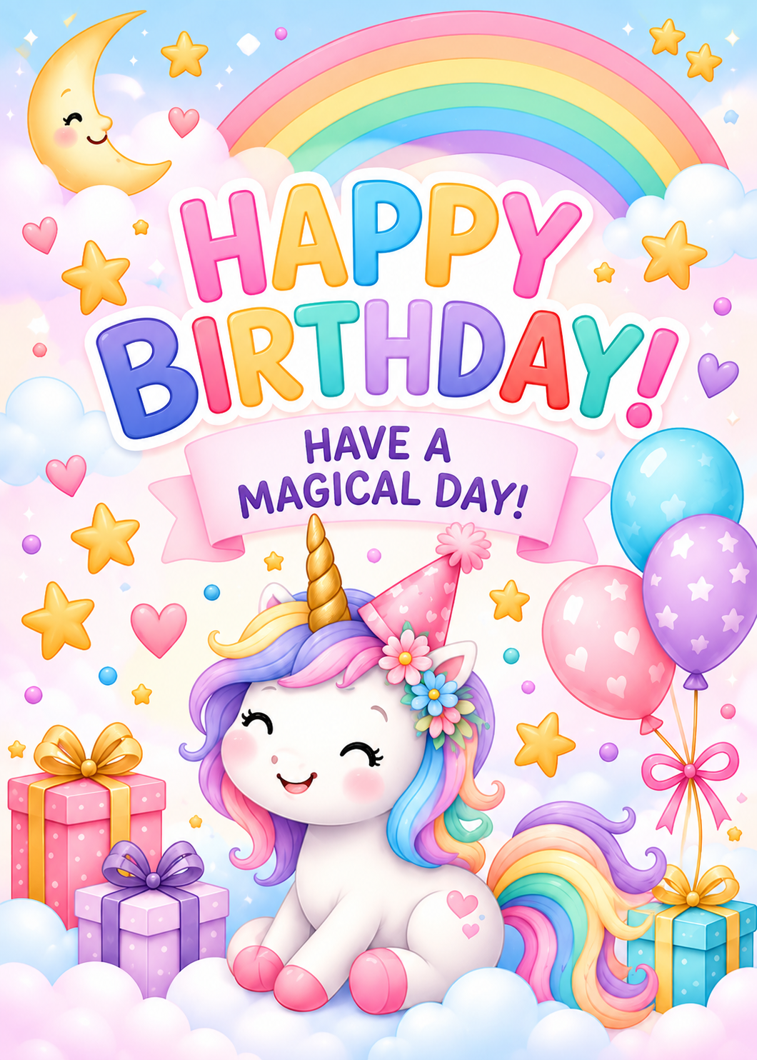 Add a little magic to their special day with this Printable Unicorn Birthday Card. This colorful 5x7 ready-to-print birthday card features a cute unicorn, pastel rainbow, balloons, stars, and a sweet birthday message. Simply download, print, cut, and fold. Digital product only — no physical item will be shipped.