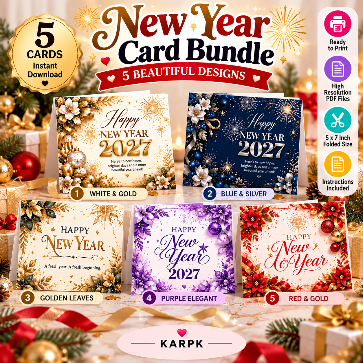 Printable New Year Card Bundle 2027 | 5 Ready to Print 5x7 Greeting Cards | Happy New Year Printable PDF | Instant Download - Image 3