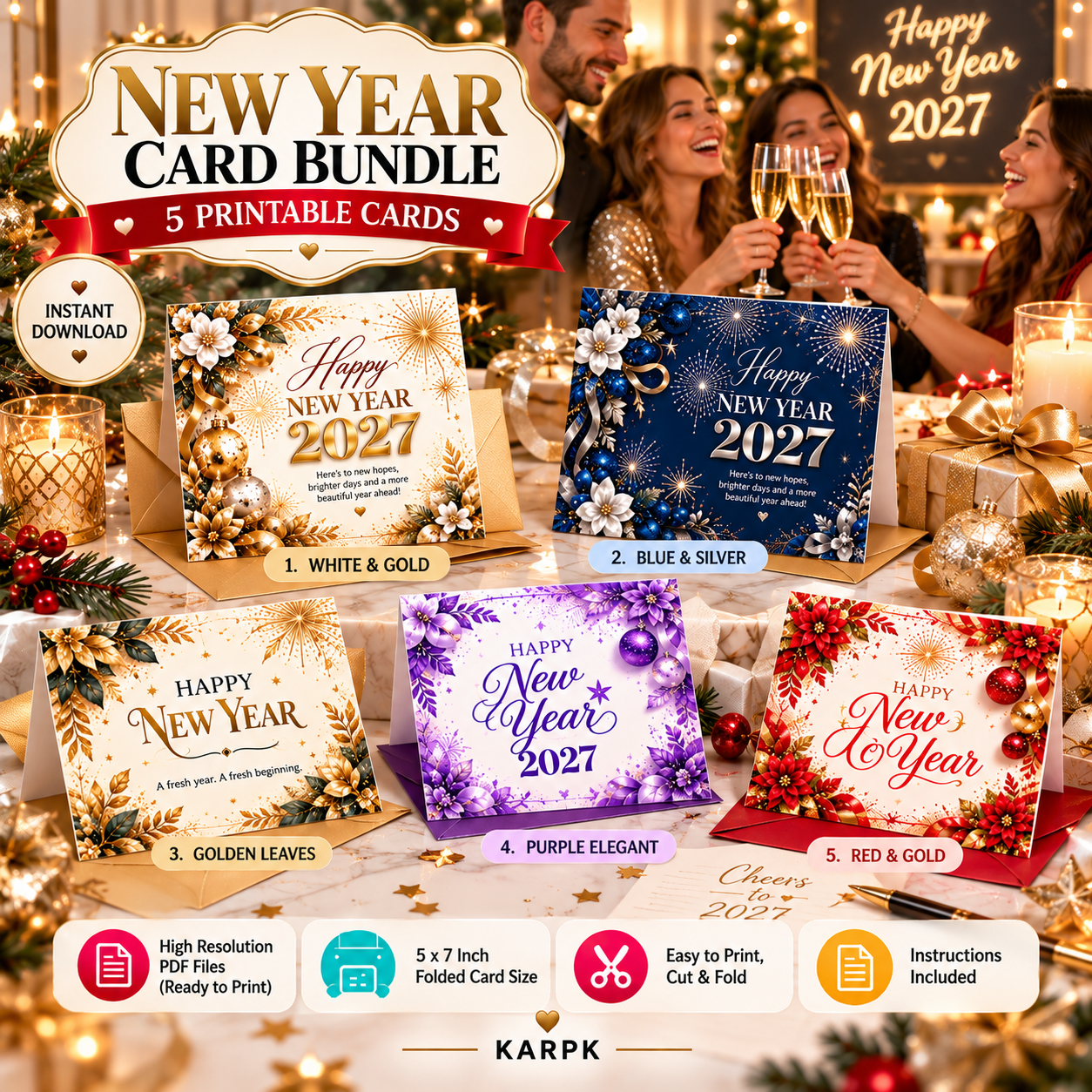 Printable New Year Card Bundle 2027 | 5 Ready to Print 5x7 Greeting Cards | Happy New Year Printable PDF | Instant Download - Image 2