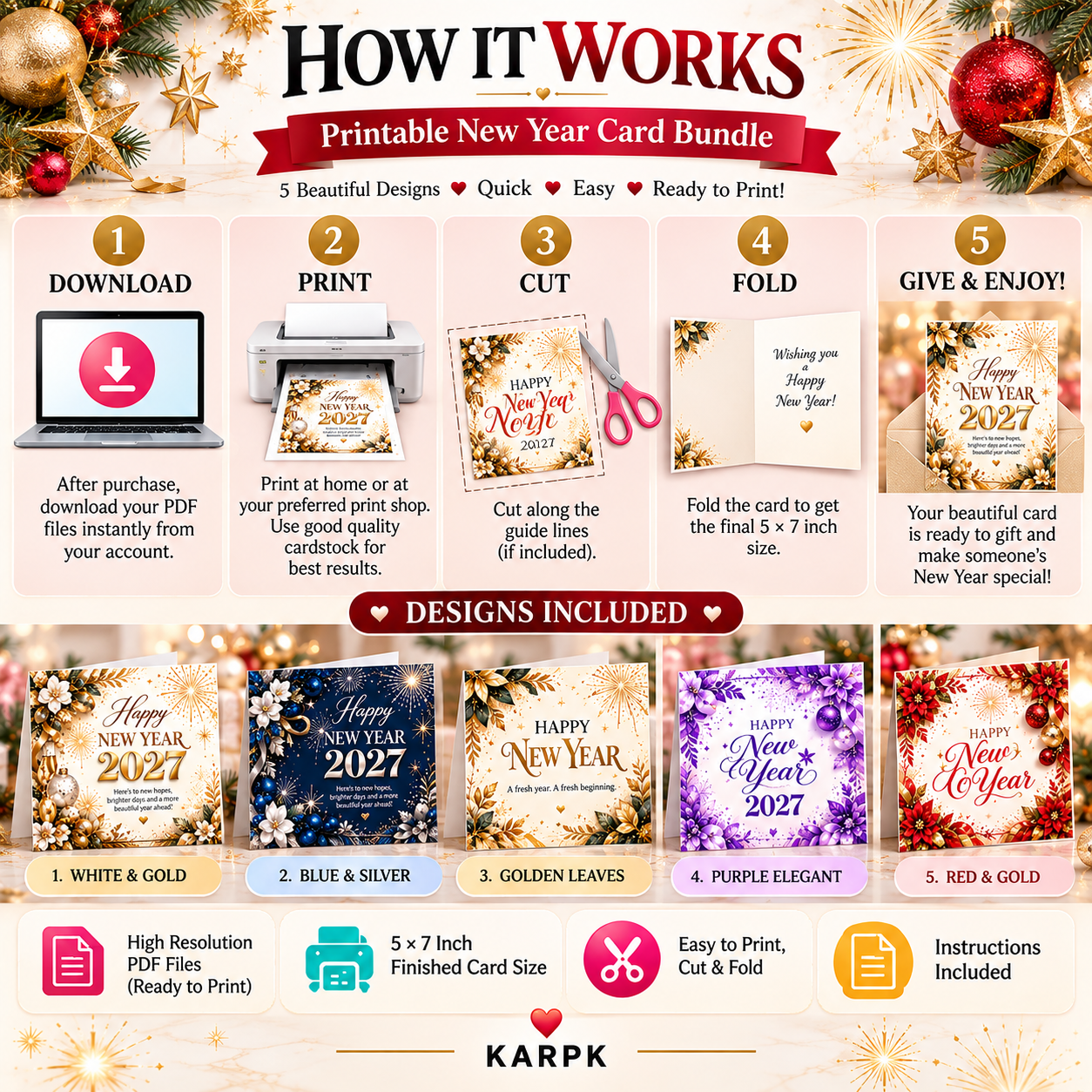 Printable New Year Card Bundle 2027 | 5 Ready to Print 5x7 Greeting Cards | Happy New Year Printable PDF | Instant Download - Image 4
