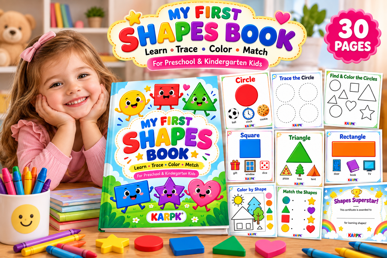 Printable Shapes Book for Kids | 30-Page Preschool Shapes Worksheets | Tracing, Coloring & Matching Activities | PDF - Image 4