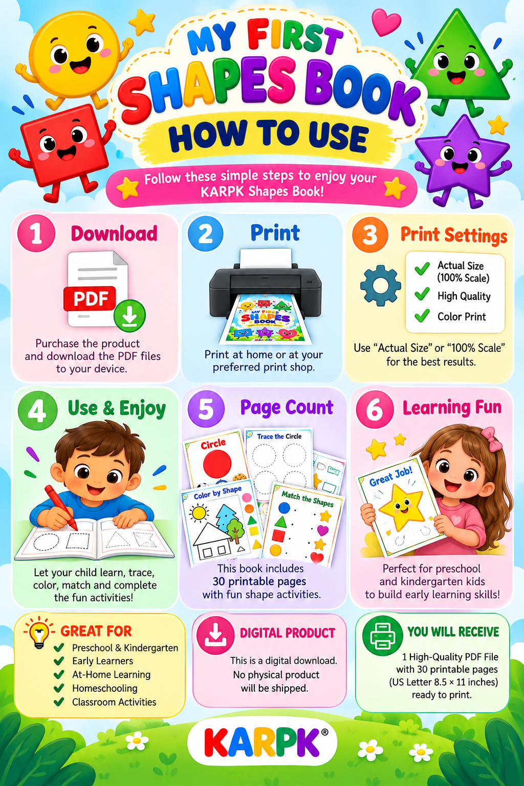 Printable Shapes Book for Kids | 30-Page Preschool Shapes Worksheets | Tracing, Coloring & Matching Activities | PDF - Image 3