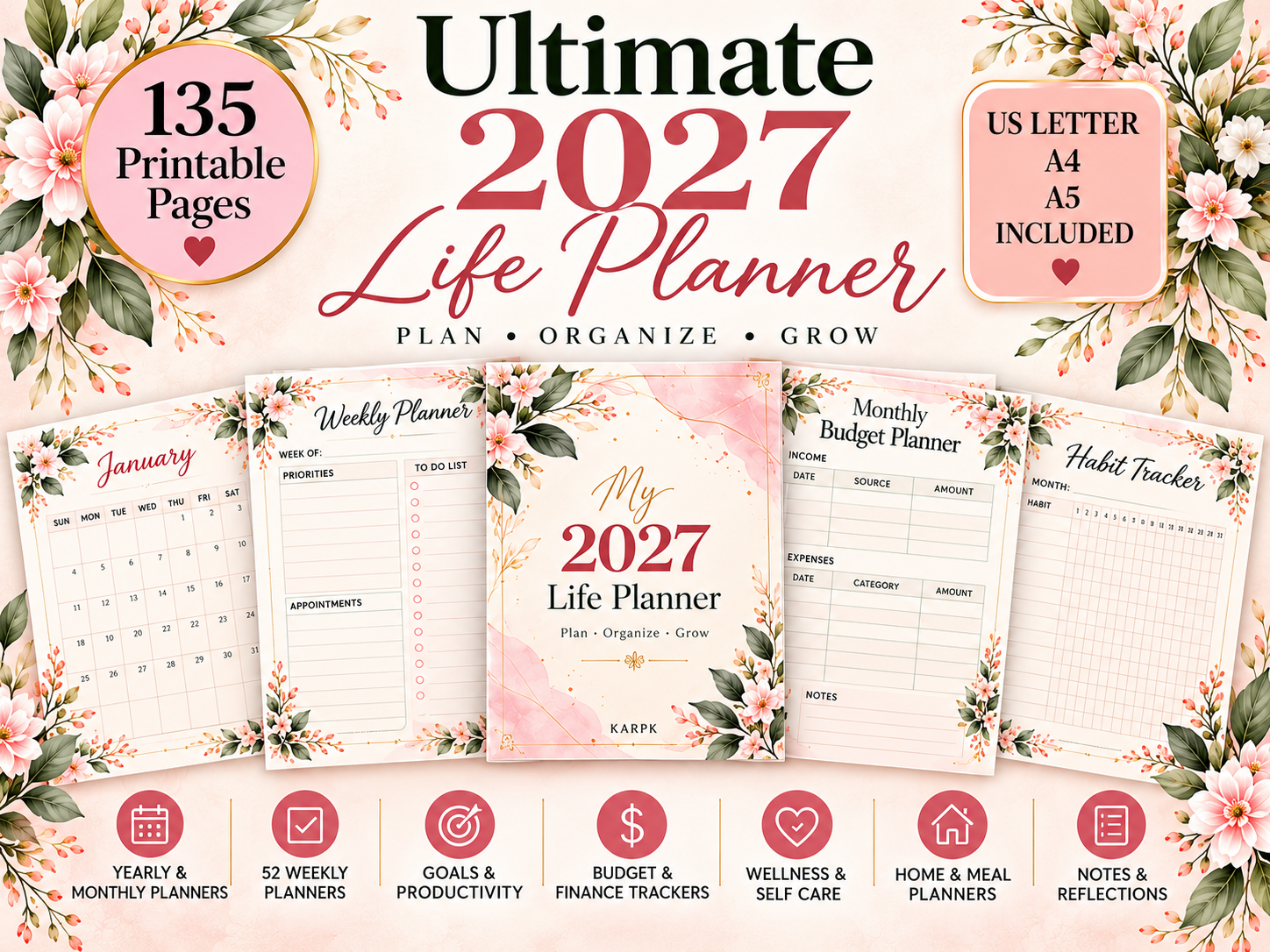 2027 Printable Life Planner – 135 Pages in 3 PDF Sizes
